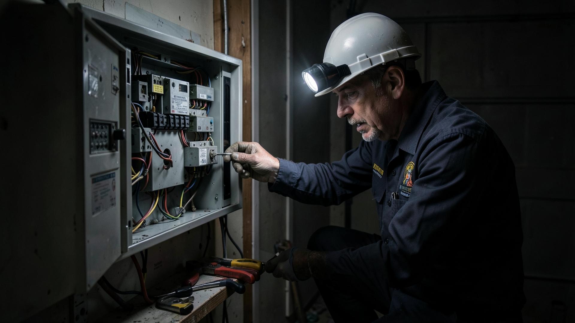 Licensed Summit Current electrician working at a residential breaker panel in Boulder, Colorado