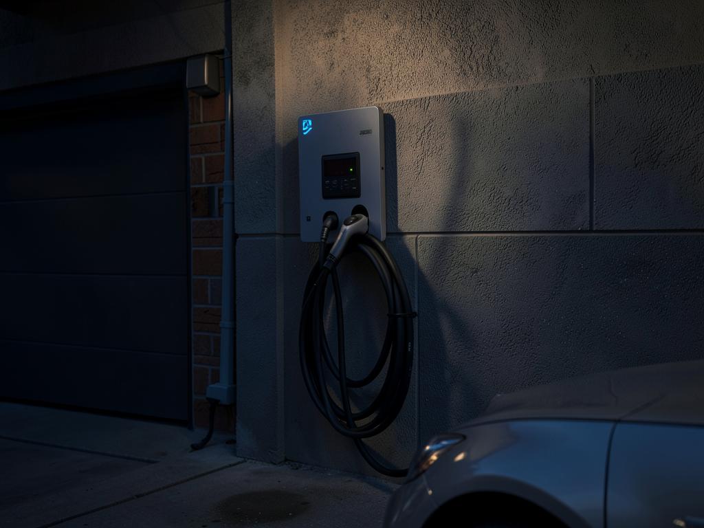 Level 2 EV charger mounted on a garage wall next to a parked car