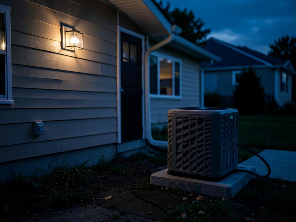 Standby home generator installed beside a suburban house at dusk